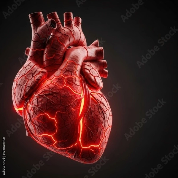 Fototapeta Red human heart with glowing cracks and veins. Medical illustration for cardiology, health issue, or emotional concept.