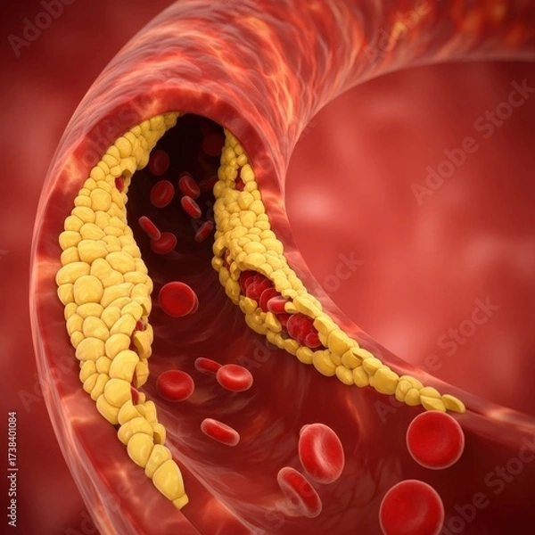 Fototapeta Cholesterol plaque buildup narrowing artery, a medical visualization of atherosclerosis with red blood cell movement. Heart disease concept.