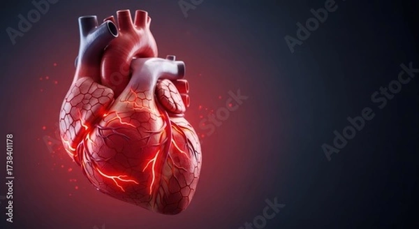 Fototapeta Human heart with glowing red veins on a dark background. Medical illustration of organ with biofeedback for health and cardiology concept.