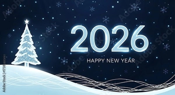 Obraz Glowing 2026 new year s eve celebration with a frosted christmas tree and falling snow