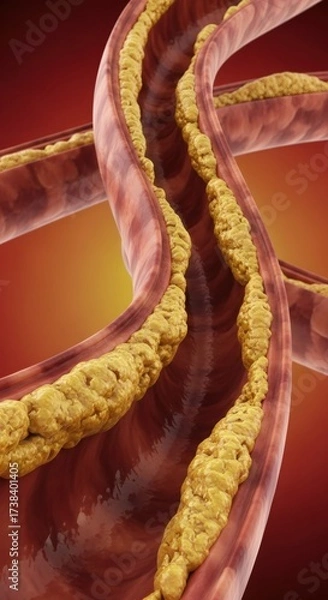 Fototapeta Cholesterol and plaque buildup in an artery. Concept art for medical education and research showing atherosclerosis leading to blockage in blood vessel.