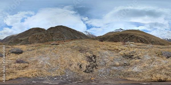 Fototapeta Spherical HDRi panorama of early spring mountains gorge at sunny afternoon in Kyrgyzstan