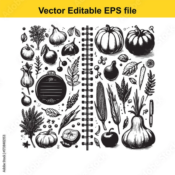 Fototapeta Vector art of handdrawn sketch of autumn harvest vegetables and fruits