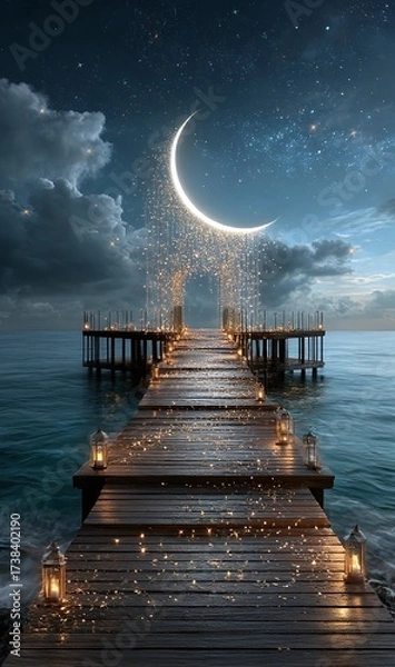 Fototapeta Fantasy Night Scene of a Wooden Pier Leading to a Sparkling, Glowing Crescent Moon Gate over the Ocean, Illuminated by Magical Lanterns and Starlight.

