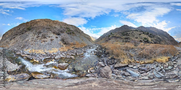 Fototapeta 360 Spherical Panorama of Mountain river with rocks at springtime in mountain gorge at sunny afternoon