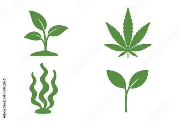 Fototapeta Green plant icons set. Cannabis leaf silhouette, seedling, sprout, algae symbol. Vector collection for nature, growth, ecology, organic concepts. Marijuana, hemp, CBD logo.