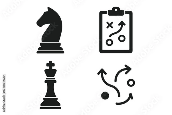 Fototapeta Business strategy and tactics vector icon set. Chess king and knight with game plan on clipboard. Metaphor for competition, solution, winning, management, and strategic moves.