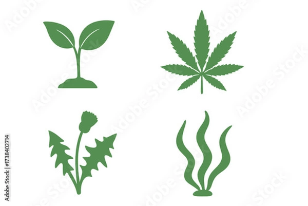 Fototapeta Vector plant icon set with cannabis, sprout, dandelion, and seaweed symbols. Green silhouette collection for nature, growth, weed, marijuana, hemp, and eco concepts.