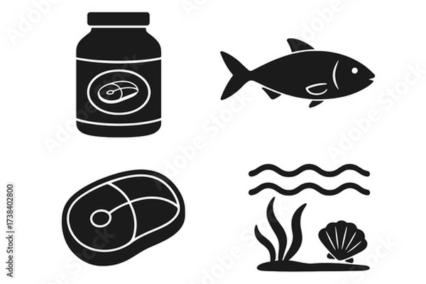 Fototapeta Protein sources icon set. Vector glyph symbols of meat, steak, fish, and supplements. Healthy food, nutrition, diet concept. Seafood, sea life with shell, seaweed, ocean.