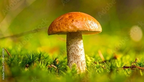 Obraz Solitary Orange-Capped Mushroom in a Lush Green Mossy Forest.