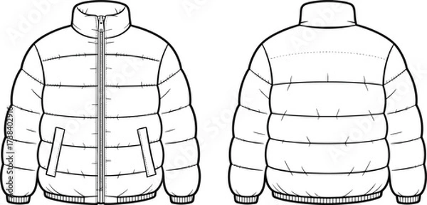 Fototapeta Plain t shirt flat sketch, front and back view, fashion design template, apparel vector illustration, clothing mockup, casual garment drawing