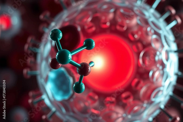Fototapeta PFAS molecule interacts with a human cell. Visualization of the interaction process