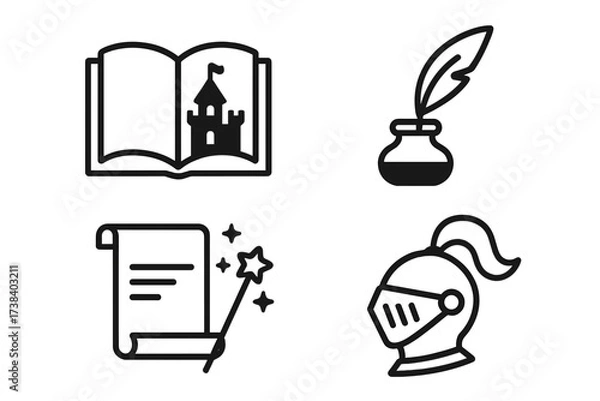 Fototapeta Vector fairytale icon set. Fantasy story elements collection. Book with castle, knight helmet, magic scroll, quill and ink. Logo design for games, literature, history. Outline pictogram.