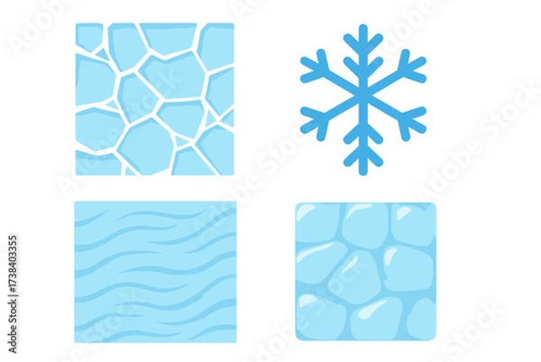 Fototapeta Vector set of ice and frozen textures. Collection of winter patterns, snowflake symbol, ice cubes, cracked ice, and water waves. For background, design and decoration.