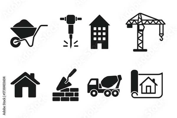 Fototapeta Construction and building icon set. Vector symbols for architecture, real estate, and engineering projects. Includes crane, mixer, house, blueprint, and tools. Black glyphs.