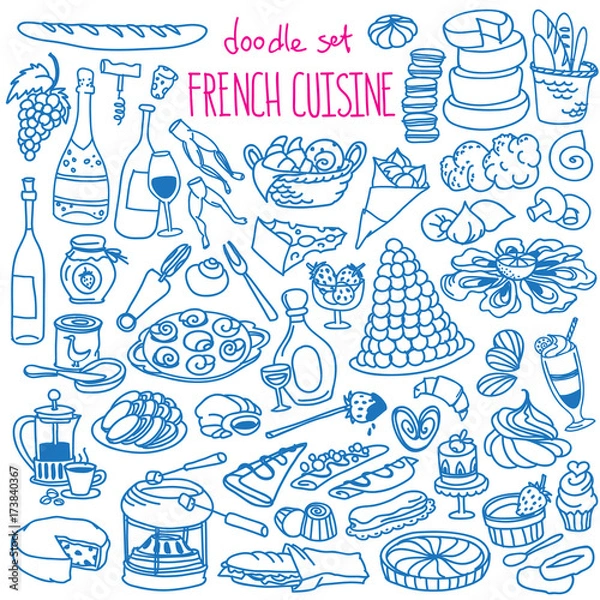 Fototapeta French cuisine doodle set. Traditional food and drinks - baguette, croissant, wine, cheese, crepes, coffee. Vector drawing isolated on white background.