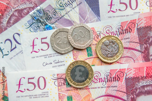 Fototapeta British pound notes and coins financial background