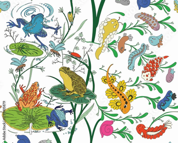 Fototapeta vector illustration of many types insects. hand drawn wild animal pattern isolated on white background. watercolor drawing of frogs, bee, snail, fish, etc.