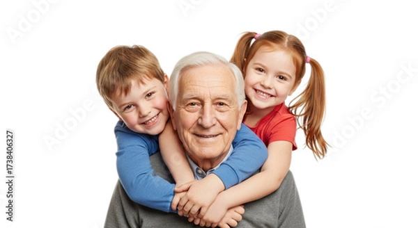 Fototapeta Photo of happy grandfather with two grandchildren hugging him isolated on transparent background