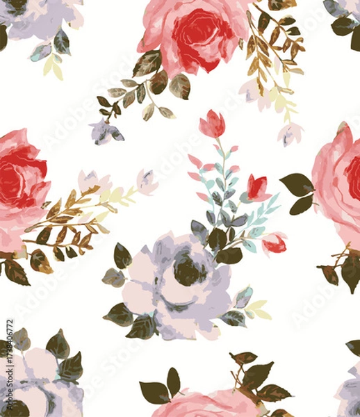 Fototapeta composition with blossoming peonies. hand drawn watercolor rose bunch pattern isolated on white background. botanical flower bunch. design for banner, wallpaper, invitition card, wrapping paper.