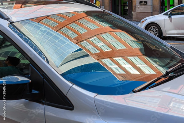 Fototapeta Colonial architecture reflection in windshield of car, Toronto, Canada