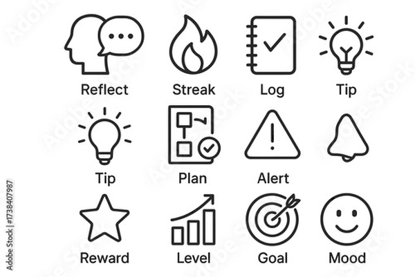 Fototapeta Set of icons: reflect, streak, log, tip, plan, alert, reward, level, goal, mood