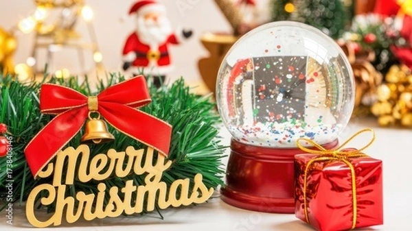 Fototapeta Vibrant Christmas Scene: Sparkling Snow Globe, Elegant Wreath, Golden 'Merry Christmas' Script, and Wrapped Present for Festive Holiday Cheer and Winter Season