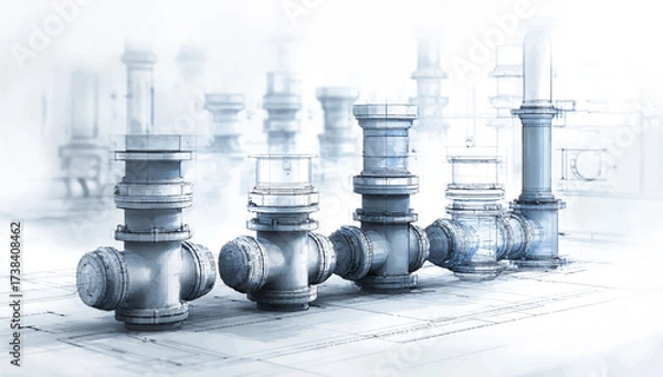 Fototapeta Technical blueprint sketch of industrial pipeline and plumbing showing connections and valves for construction and design work