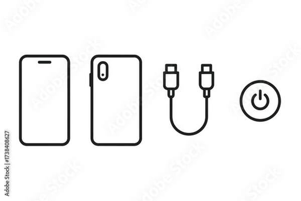 Fototapeta Smartphone outline with case, charging cable, and power button icons
