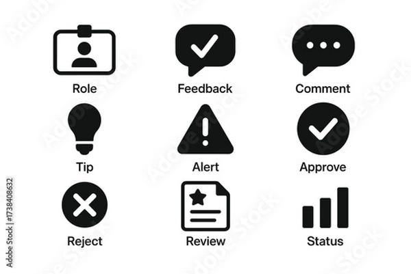 Fototapeta Set of eight black web icons including role, feedback, comment, tip, alert, approve, reject, review, and status