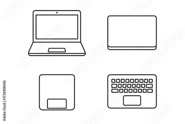 Fototapeta Minimalist line art: laptop and keyboard from various angles