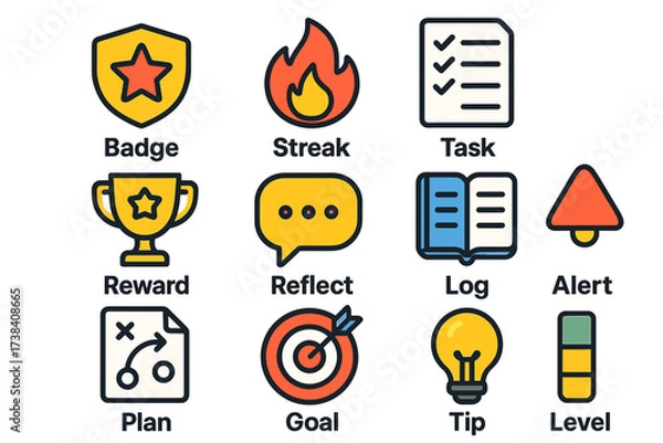 Fototapeta Colorful icon set for achievements and goals: badge, streak, task, reward, reflect, log, alert, plan, goal, tip, level