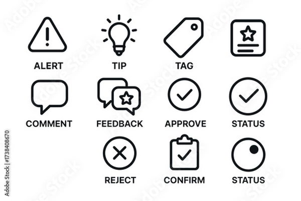 Fototapeta Set of alert, tip, tag, and status icons including approve and reject symbols
