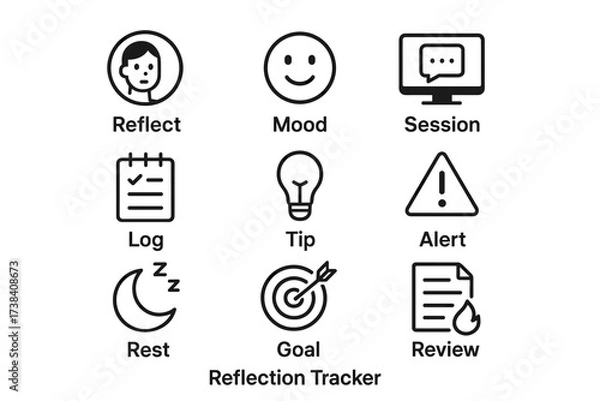 Fototapeta Icon set for reflection and goal tracking with symbols for mood, tips, alerts, and goals
