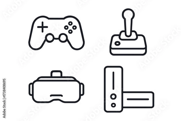 Fototapeta Outline illustrations of game controller, joystick, vr headset, and console