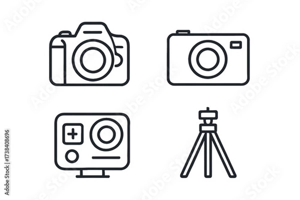 Fototapeta Camera icon set featuring dslr, compact, action cameras, and tripod