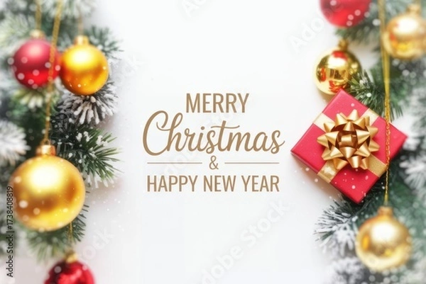 Fototapeta Merry Christmas & Happy New Year: Festive Holiday Greeting with Elegant Ornaments, Snow-Dusted Branches, and a Golden-Bow Wrapped Present.