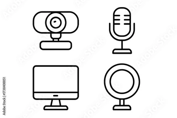 Fototapeta Webcam, microphone, computer, and ring light icon set in black and white