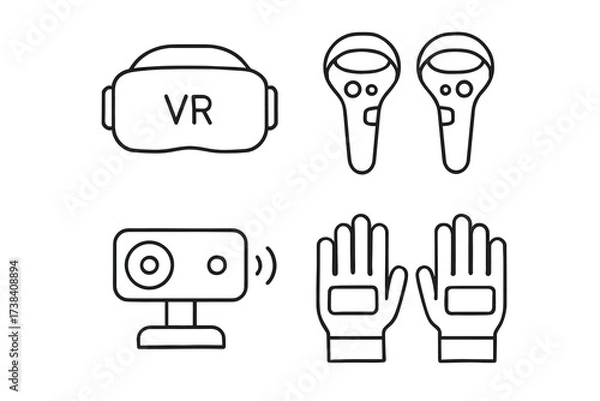Fototapeta Line art of vr headset, controllers, camera, and haptic gloves