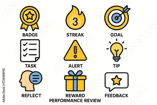 Fototapeta Motivational icons: badge, streak, goal, task, alert, tip, reflect, reward, feedback