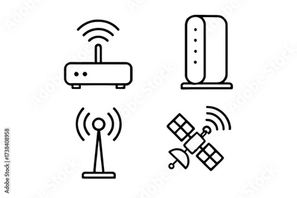 Fototapeta Wireless router, modem, antenna, and satellite line icons for communication