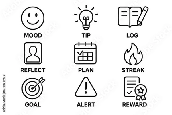 Fototapeta Mood and productivity icons: tips, planning, goals, and rewards visualized