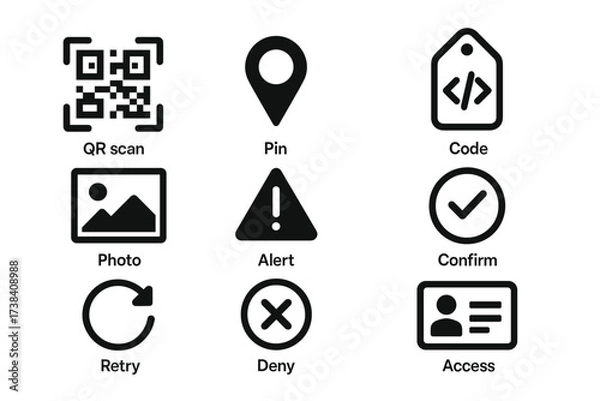 Fototapeta Qr code, map pin, photo, alert, confirm, and access icons set on white background