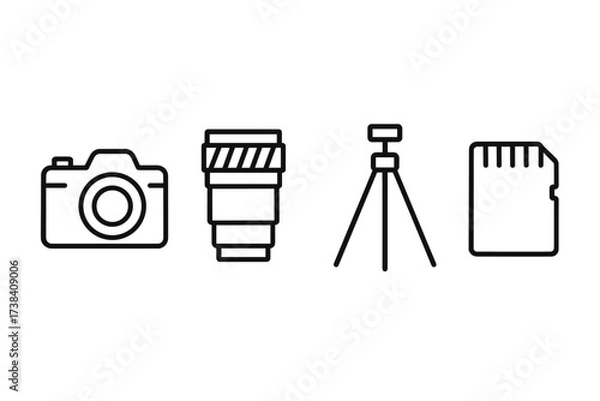 Fototapeta Photography equipment icons: camera, lens, tripod, memory card in line art