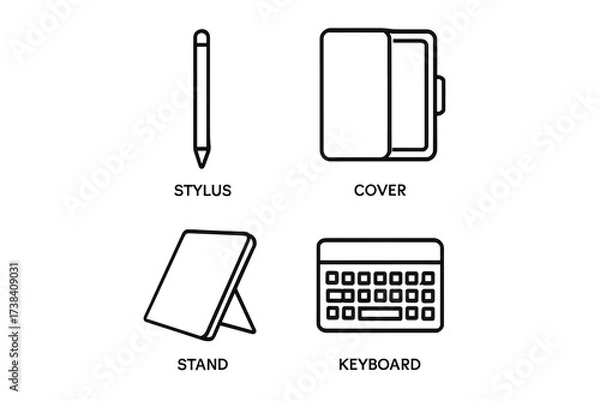 Fototapeta Illustration of tablet accessories: stylus, cover, stand, keyboard