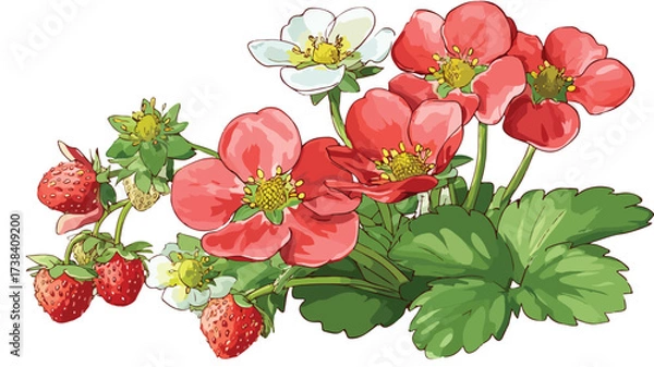 Fototapeta Vibrant Strawberry Blossom on Bush with Straw Vector Illustration