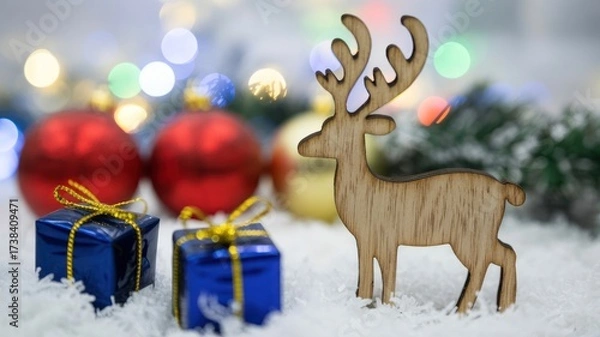 Fototapeta Festive Wooden Reindeer Figurine with Presents and Ornaments on Snow, Bokeh Lights Background for Winter Celebrations