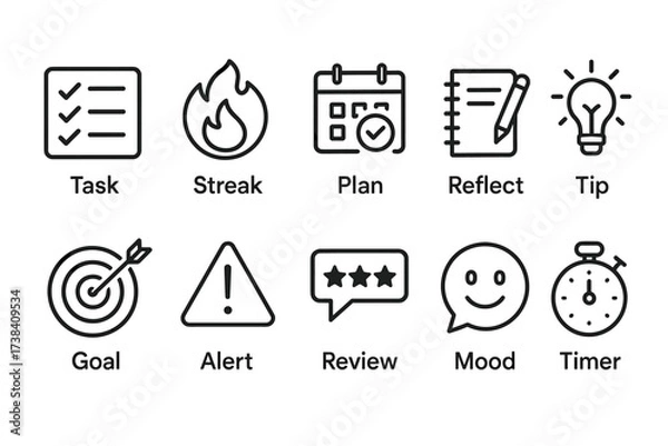Fototapeta Icon set featuring tasks, streaks, and alerts for planning and motivation
