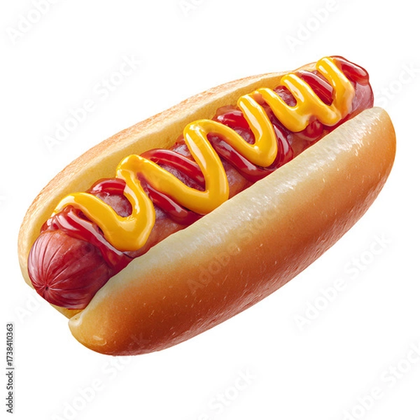 Fototapeta Hot Dog with Mustard and Ketchup in Fresh Bun, American Fast Food Icon, isolated on transparent background
