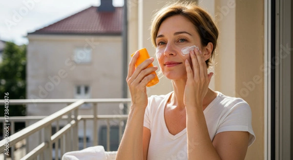 Obraz Woman applying sunscreen on her face while sitting on balcony, promoting personal care and hygiene at home. scene is bright and emphasizes self care and skin protection